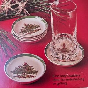 Vintage Spode Ceramic Christmas Tree Holiday Coaster|Set of Six|Made in England